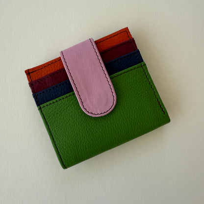 green wallet with colorful card slots