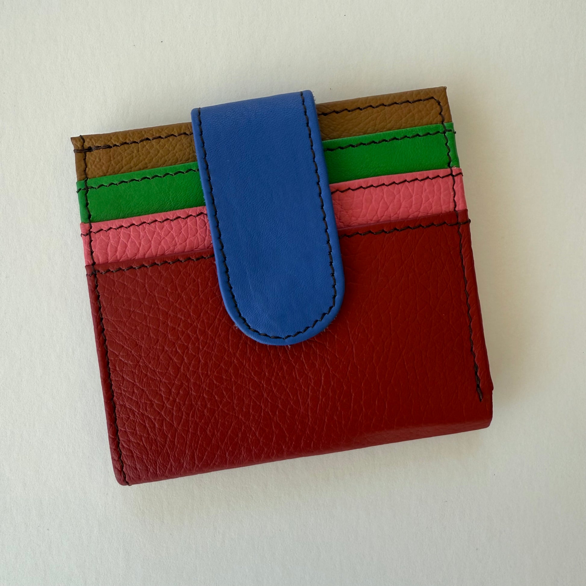 cranberry colored wallet with colorful card slots