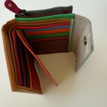 top view of Multicolored wallet with colorful card slots and a zippered pouch on the back