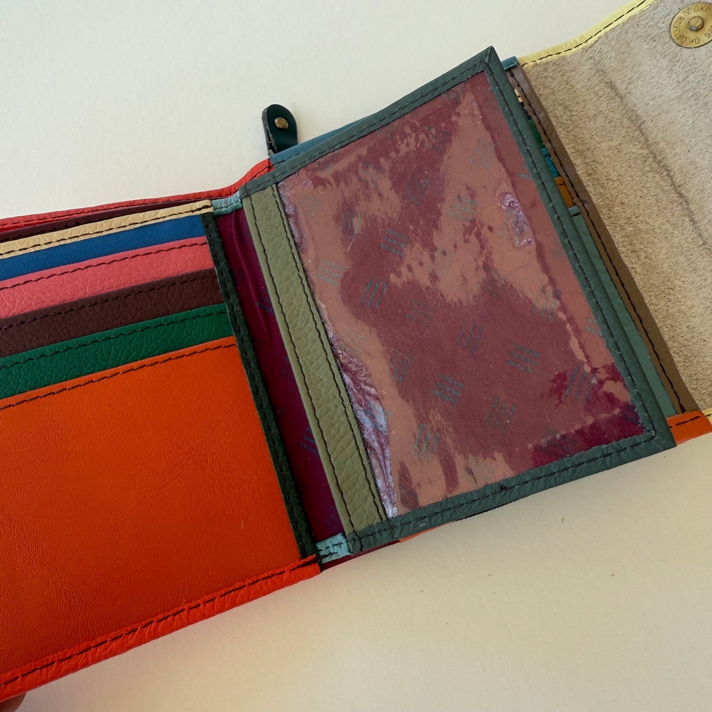 Close-up of a colorful wallet with a patterned card holder on a white background