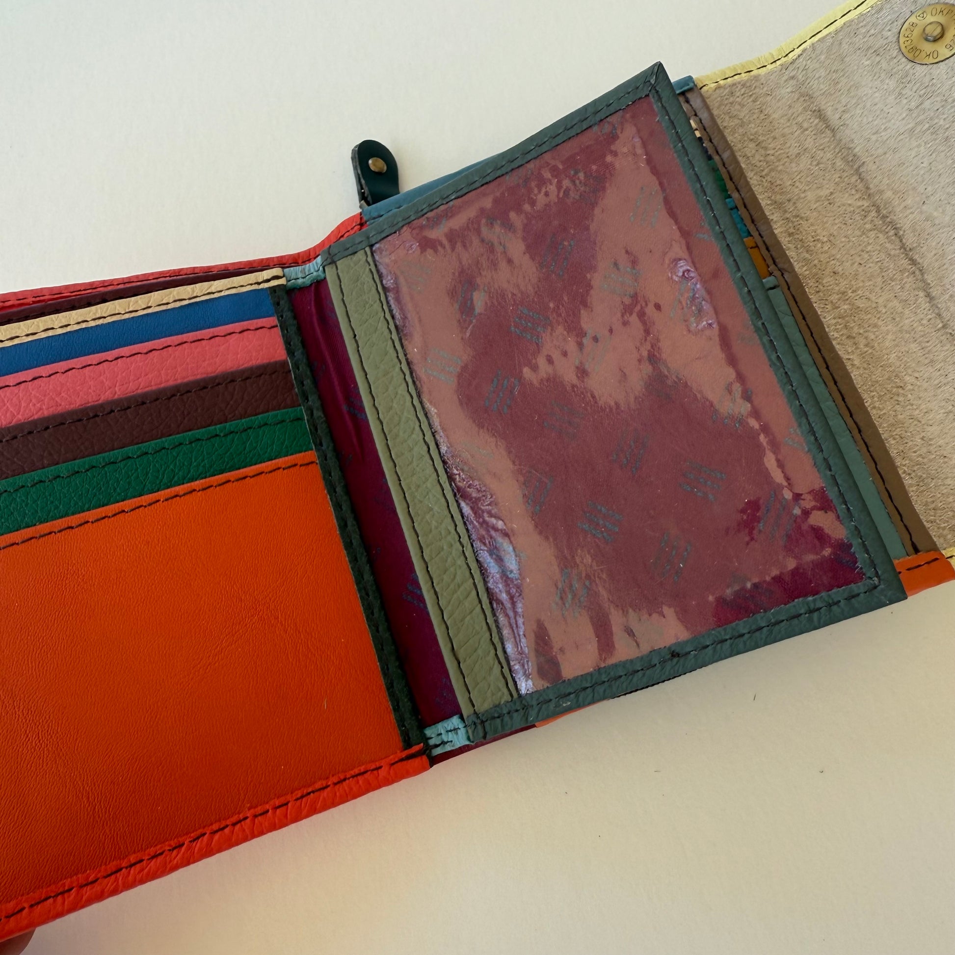 Close-up of a colorful wallet with a patterned card holder on a white background