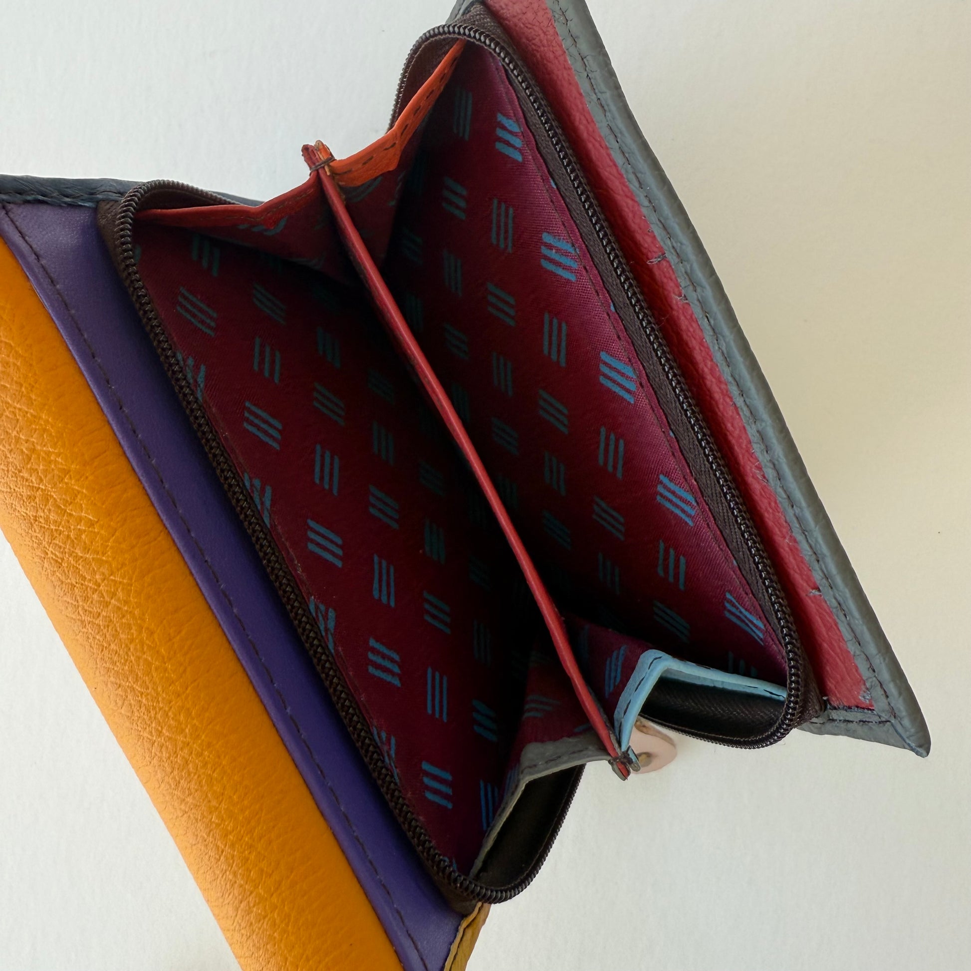 coin pouch on colorful wallet unzipped showing patterned lining