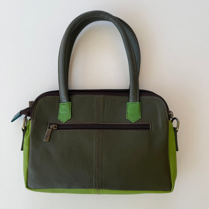 back view of green leather handbag, dark green with zippered pocket