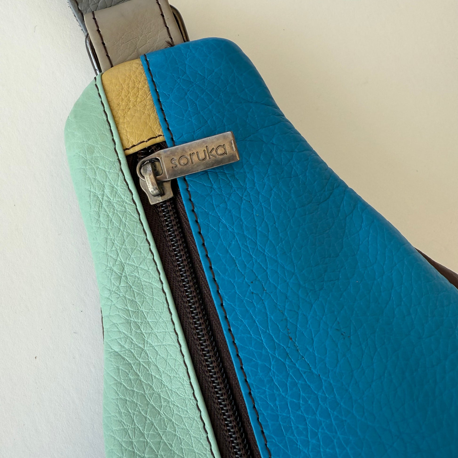 close-up of top of Multicolored leather bag