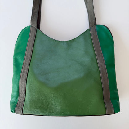back view of green leather shoulder bag