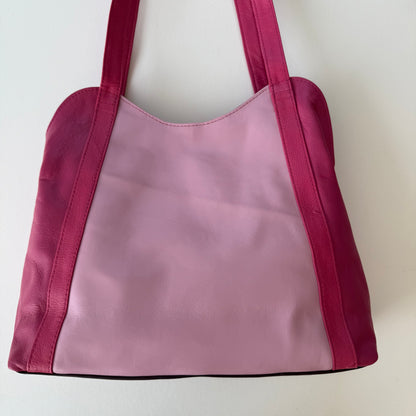 back view of pink leather shoulder bag