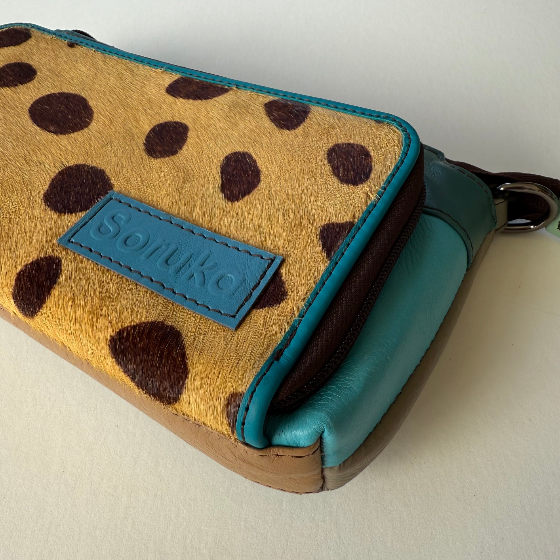close-up of side view of  turquoise madison crossbody