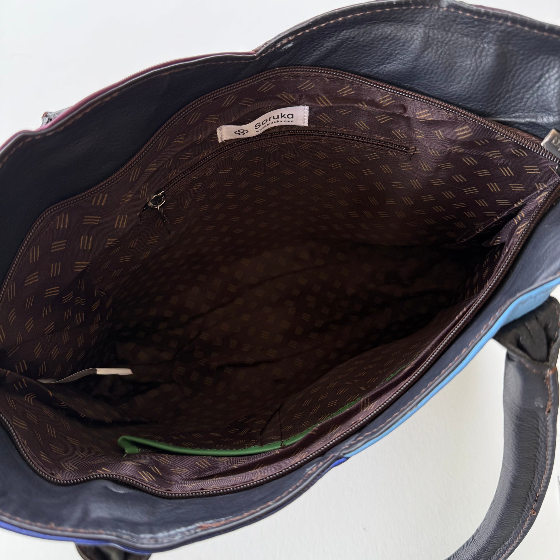 interior of view of tote bag with patterned lining