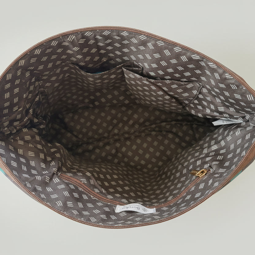 interior view of bag with patterned lining
