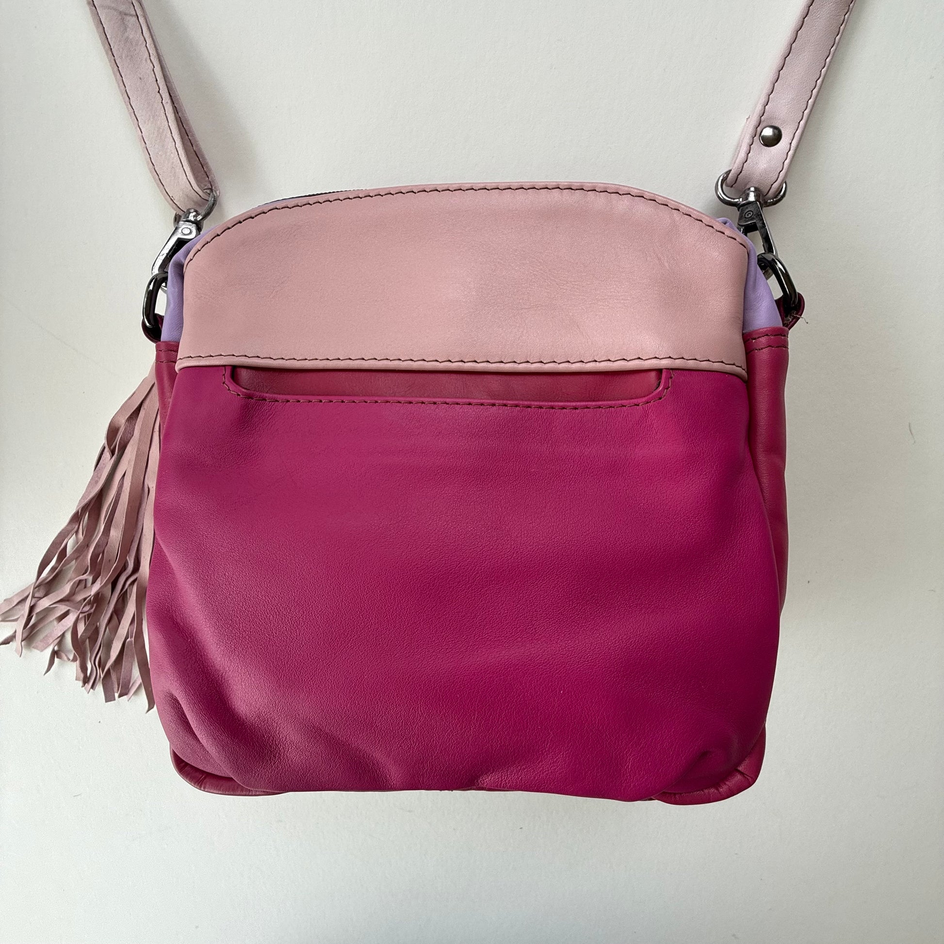 back view of pink handbag