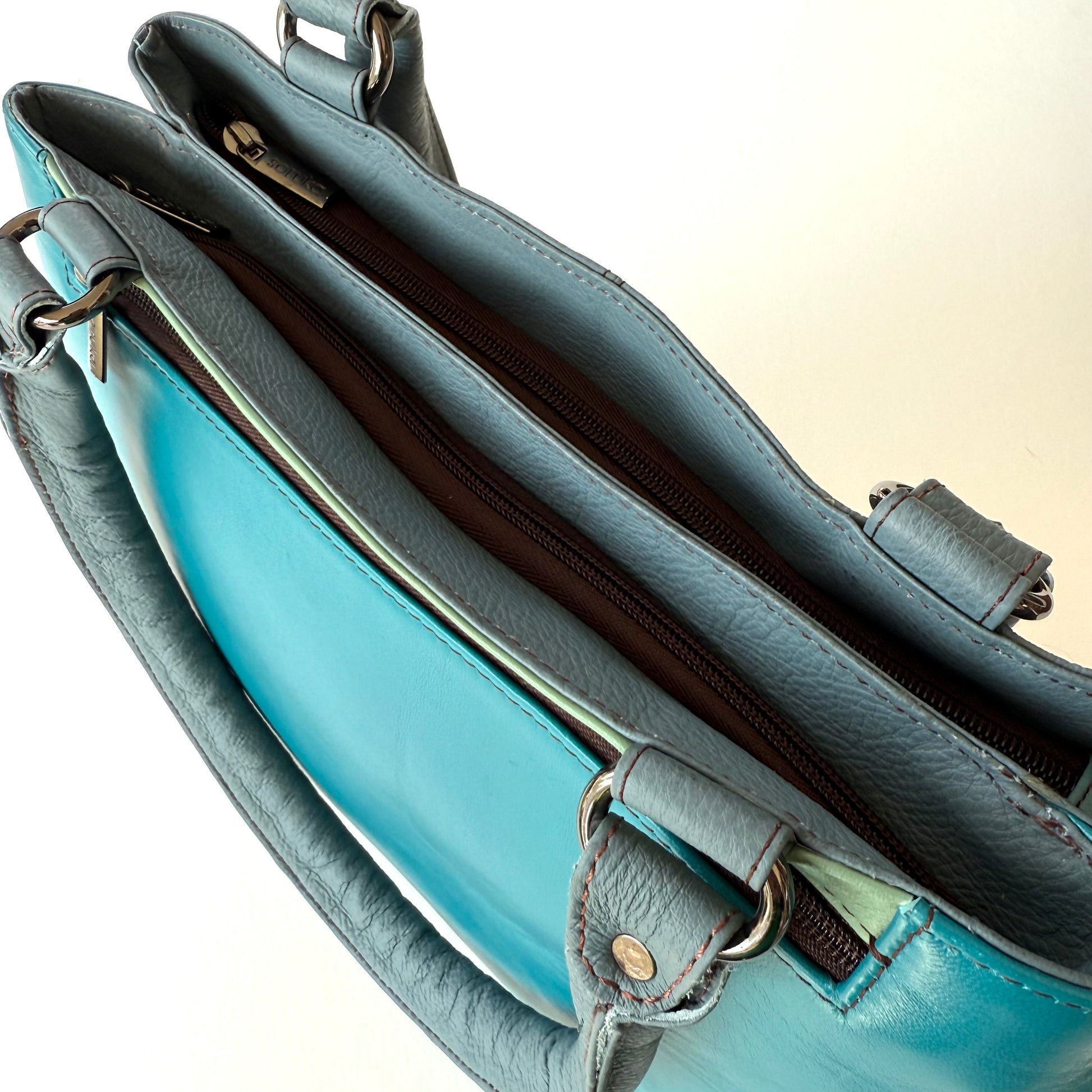 top view of handbag showing 2 zipper closures