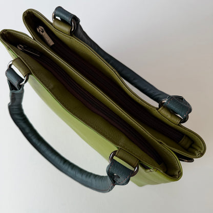 top view of handbag with 2 zipper closures
