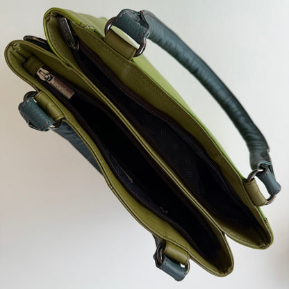 top view of handbag with zippers unzipped