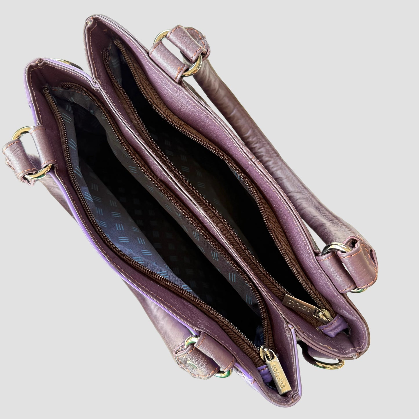 top of handbag with zippers unzipped