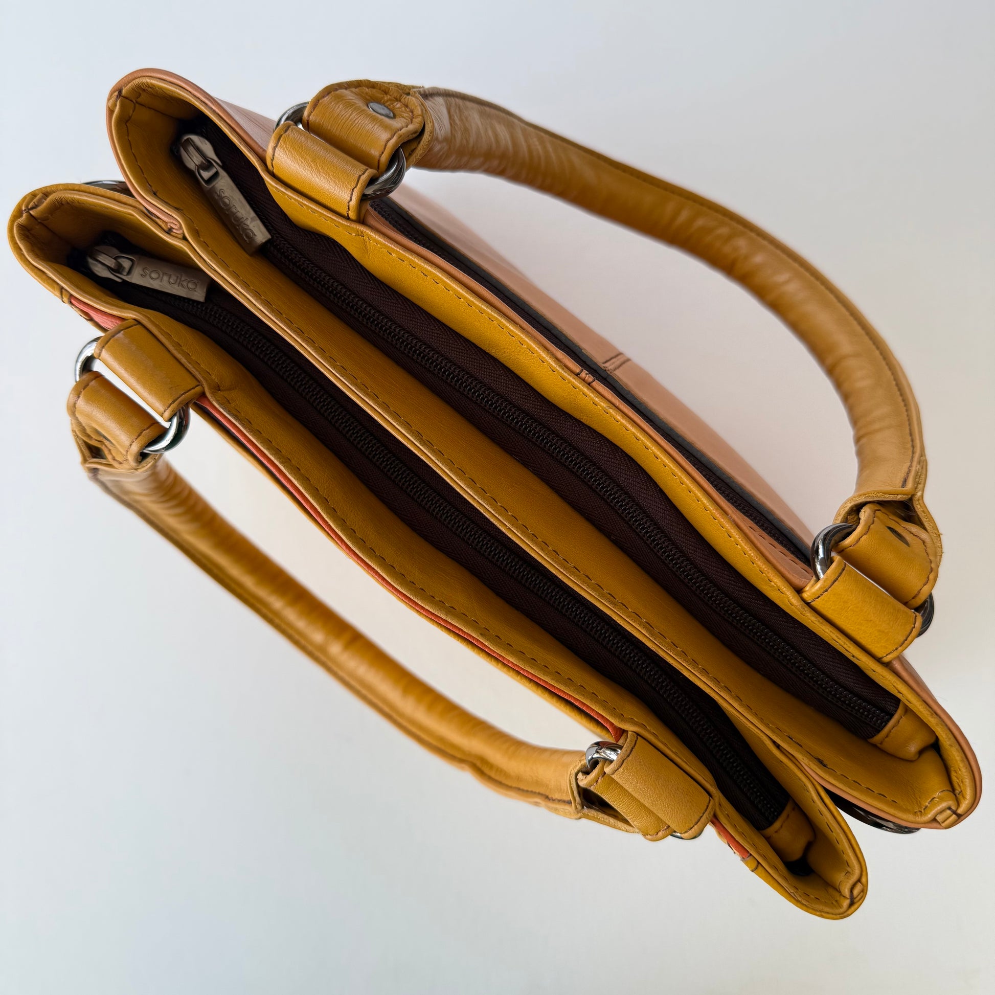 top of handbag with 2 zipper closures