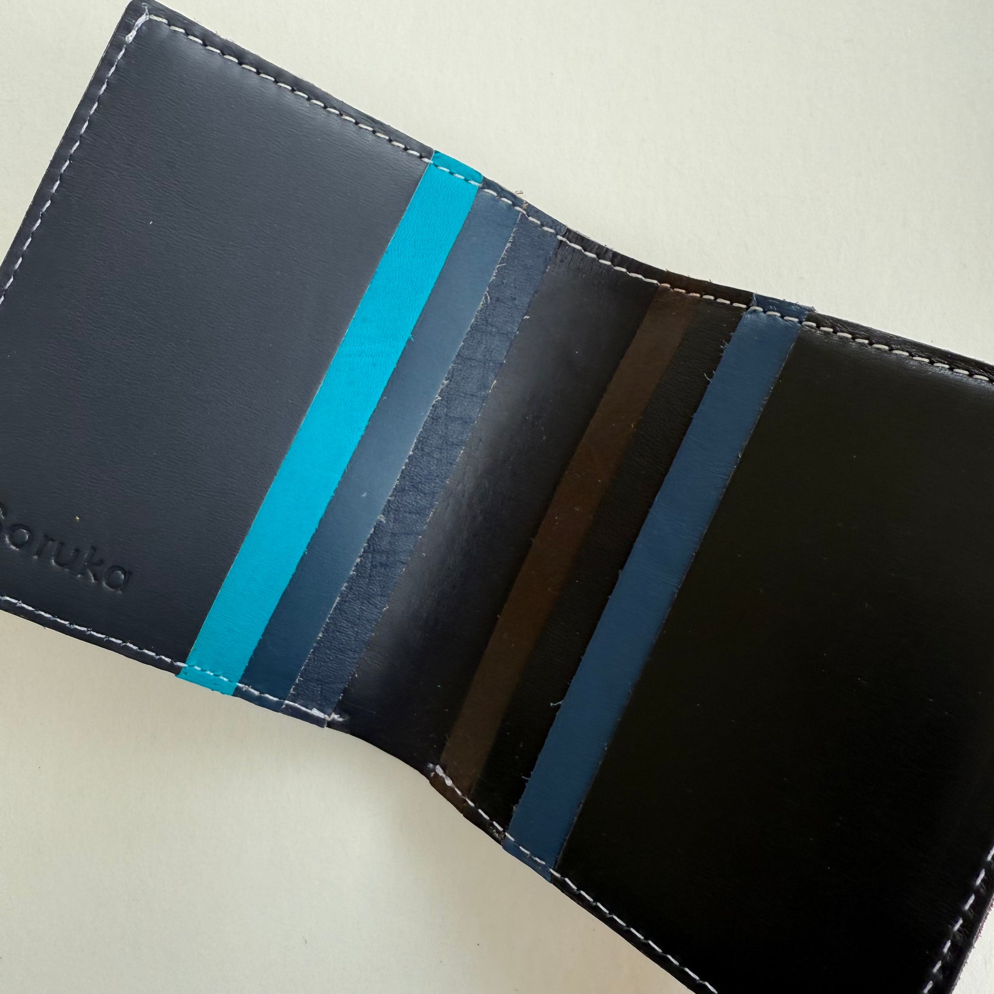 inside of wallet with multicolored card slots in black blue and brown