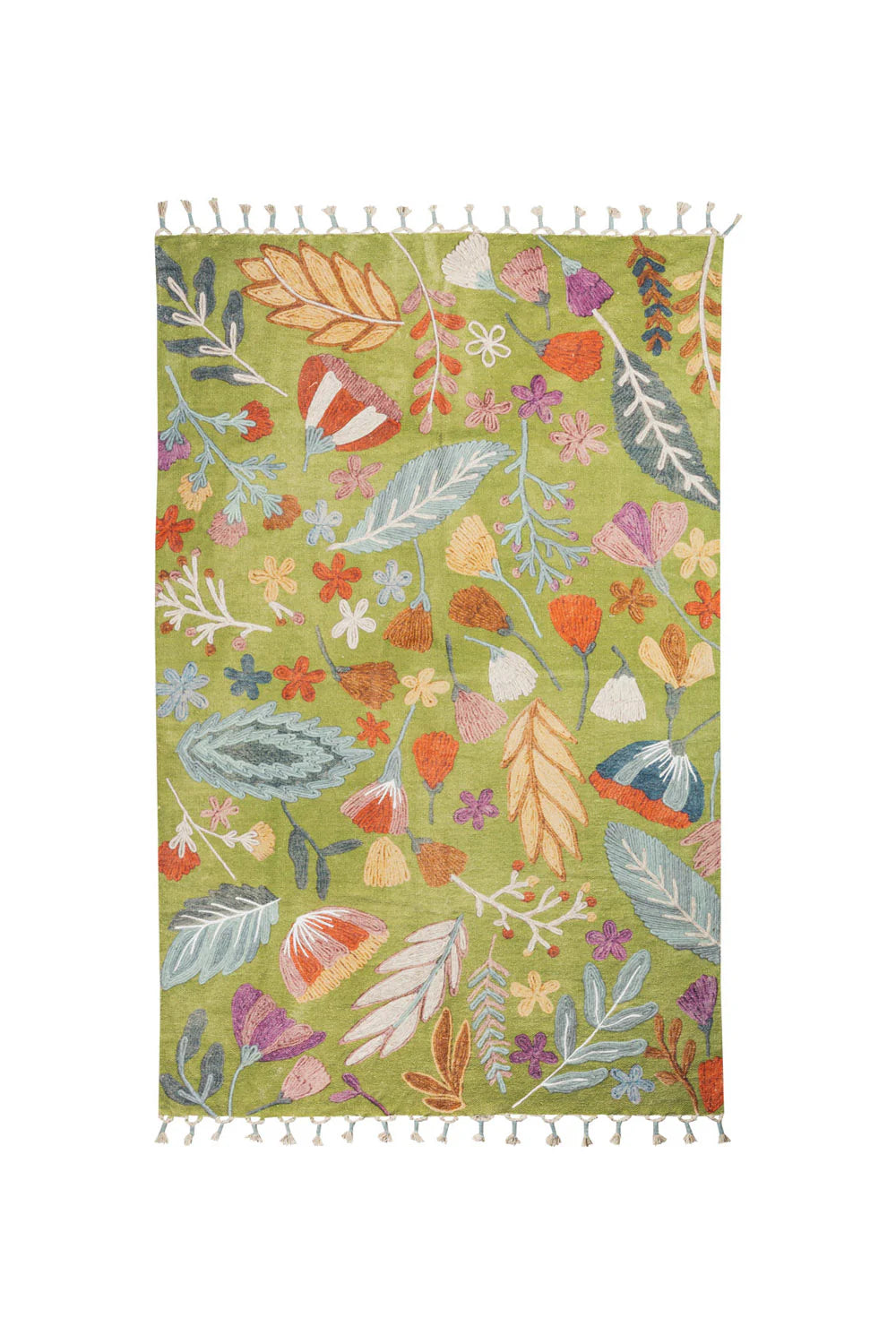 Floral patterned rug with tassels on a white background