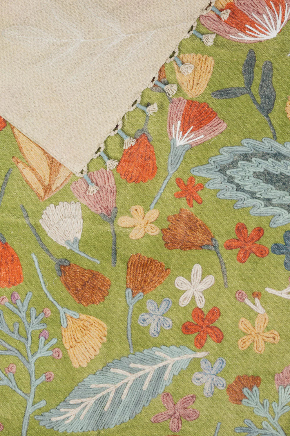 Close-up of a floral patterned rug with colorful flowers and leaves on a green background.