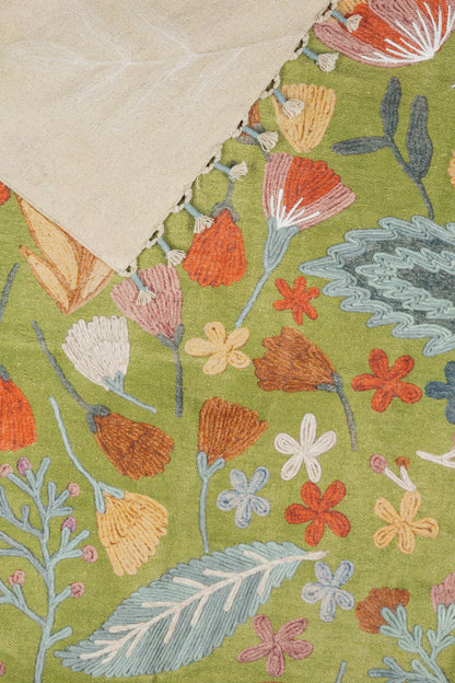 Close-up of a floral patterned rug with colorful flowers and leaves on a green background.