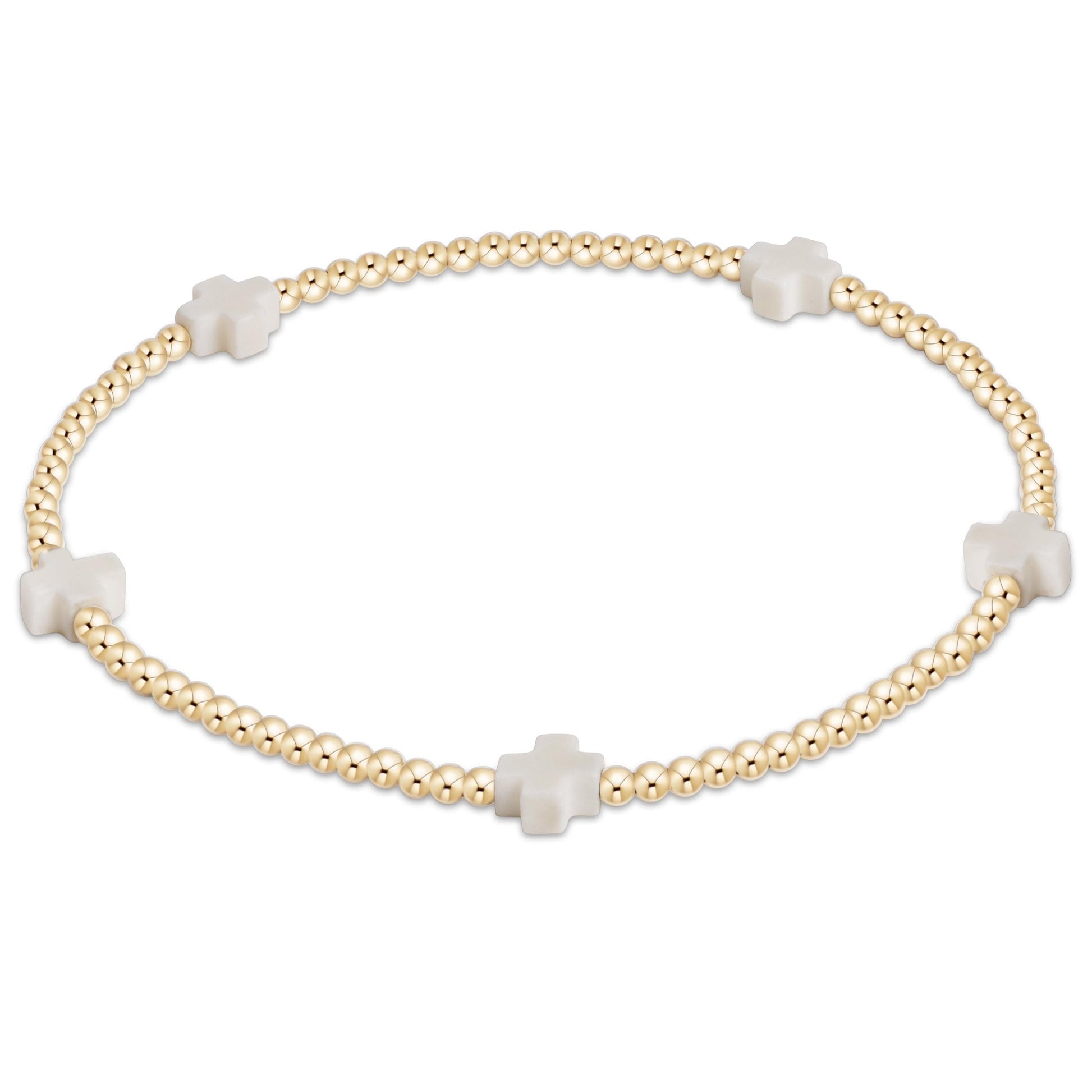 Signature Cross Small Gold Pattern 2mm Bead Bracelet, Off White crosses with gold beads