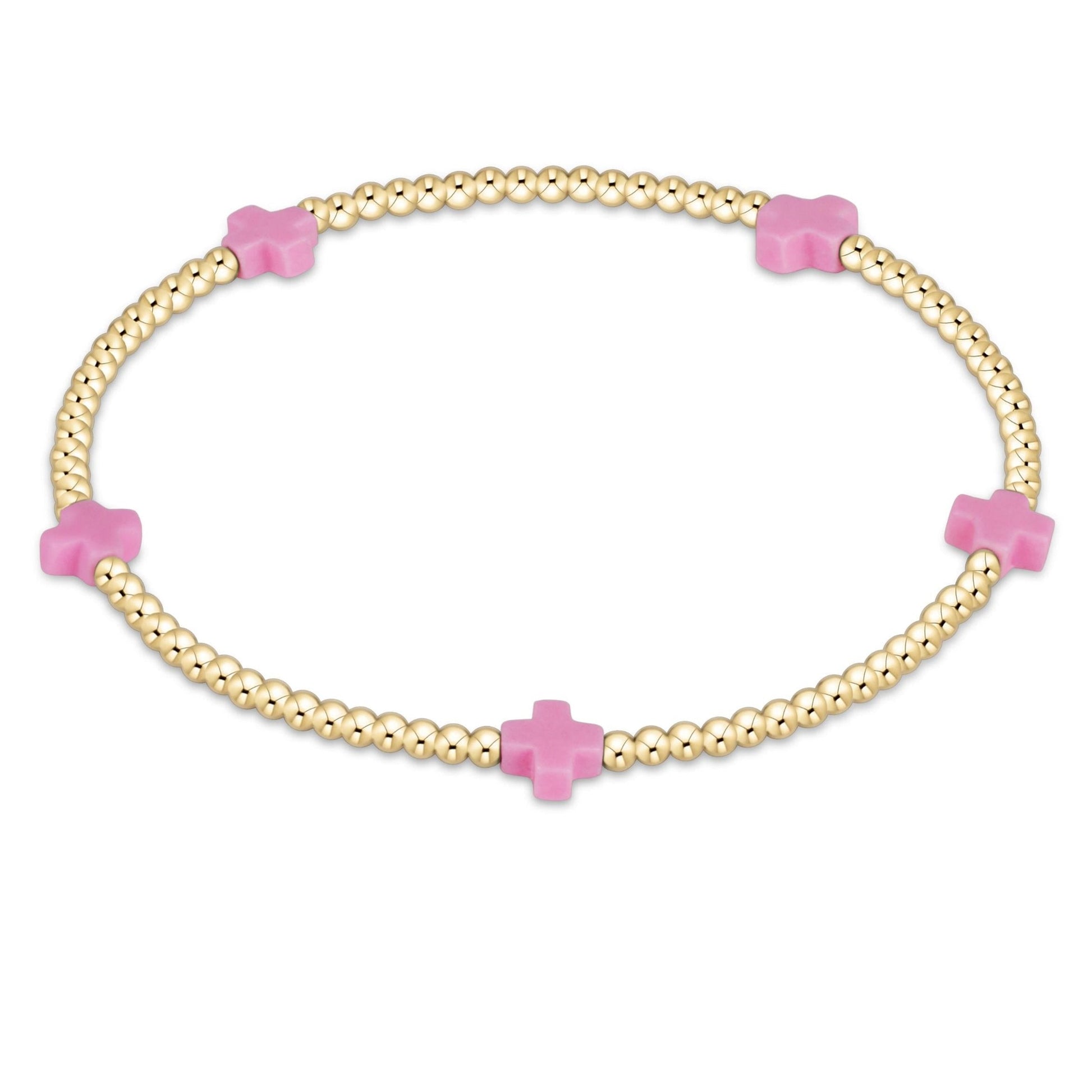 bright pink Signature Cross Small Gold Pattern 2mm Bead Bracelet