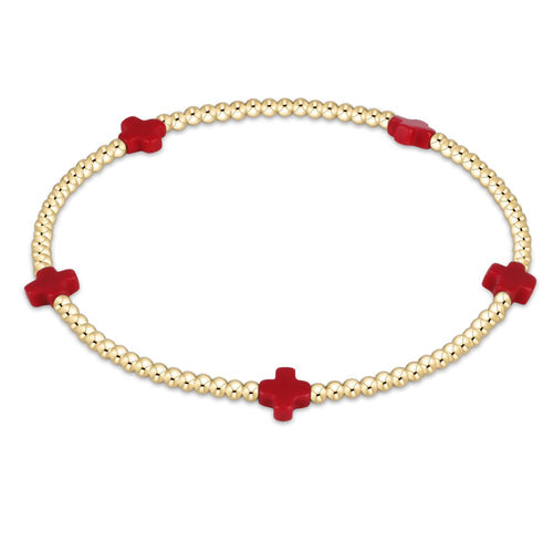 Signature Cross Small Gold Pattern 2mm Bead Bracelet, Red crosses with gold beads