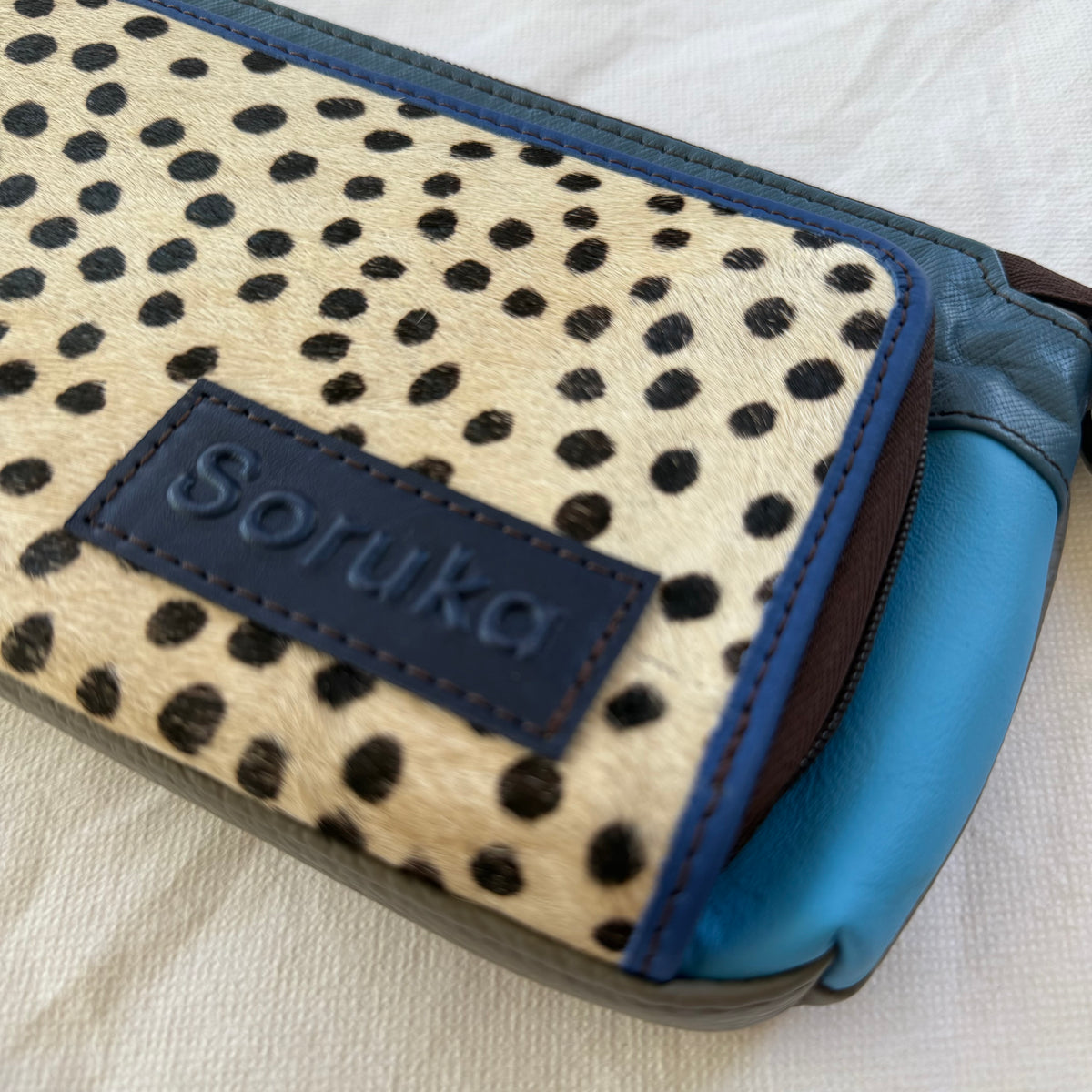 close-up of small blue crossbody