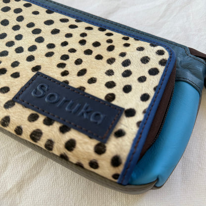 close-up of small blue crossbody