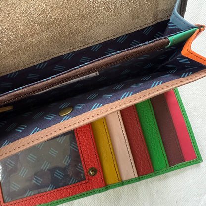 open wallet showing colorful card slots and interior slip pockets and zip coin pocket 