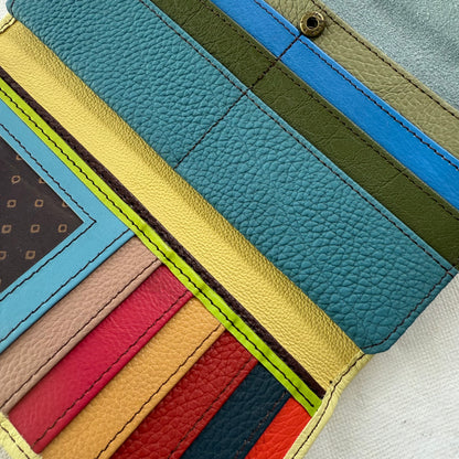 close-up of colorful card slots of interior of wallet