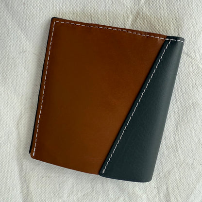 other side of wallet with brown and blue leathers and white stitching