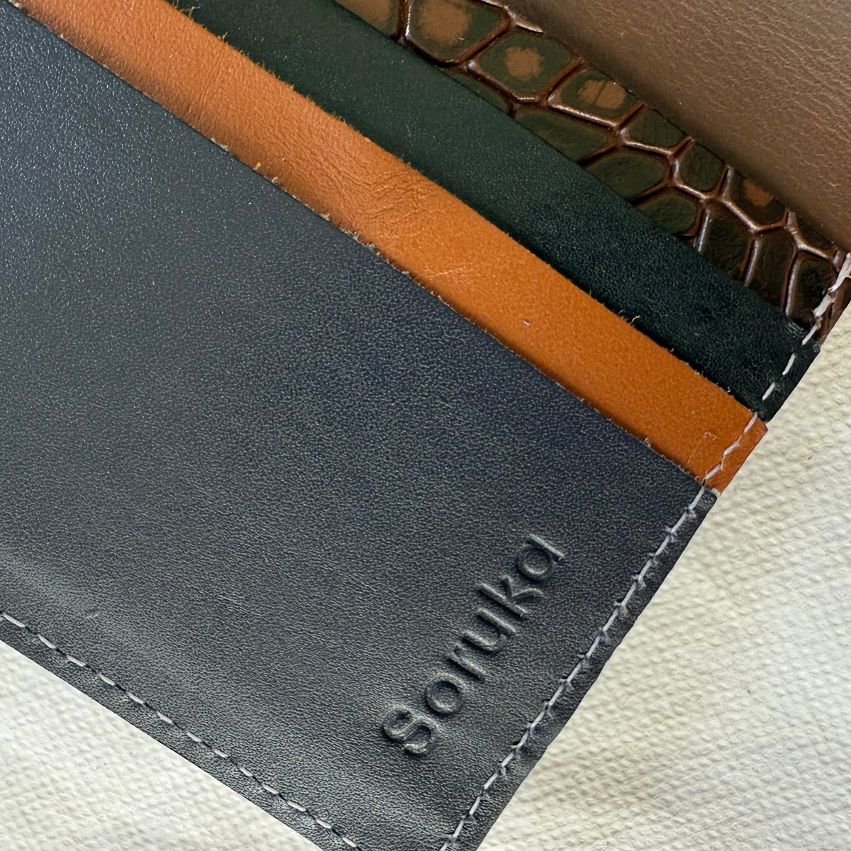 close-up of black and brown card slots in wallet