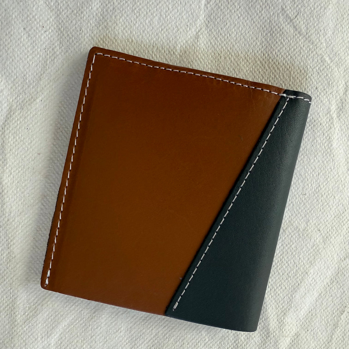 wallet with brown and grey leathers and white stitching