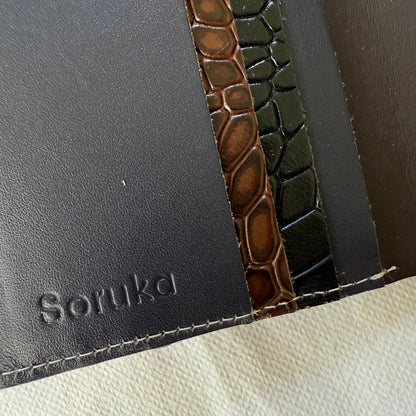 close-up of card slots in black and brown