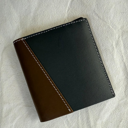 wallet with dark grey and brown leathers and white stitching