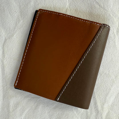 other side of wallet with brown leathers and white stitching