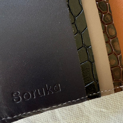 close-up of card slots in black and browns