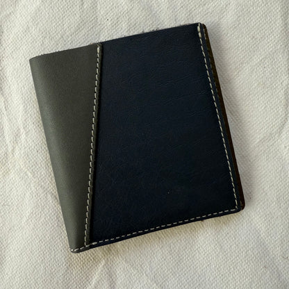 wallet in shades of blues and white stitching