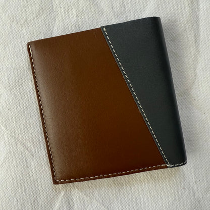 other side of wallet with brown and blue leathers and white stitching