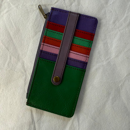other side of flat wallet with colorful card slots and a zip pocket along the side