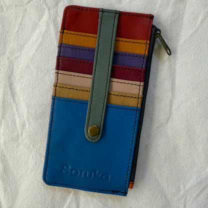 flat wallet with colorful card slots in blue, yellows, and red and a zip pocket along the side