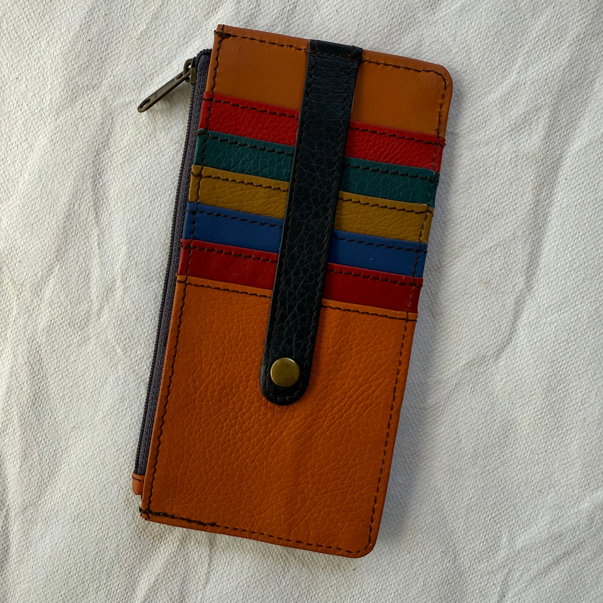 other side of flat wallet with colorful card slots and a zip pocket along the side