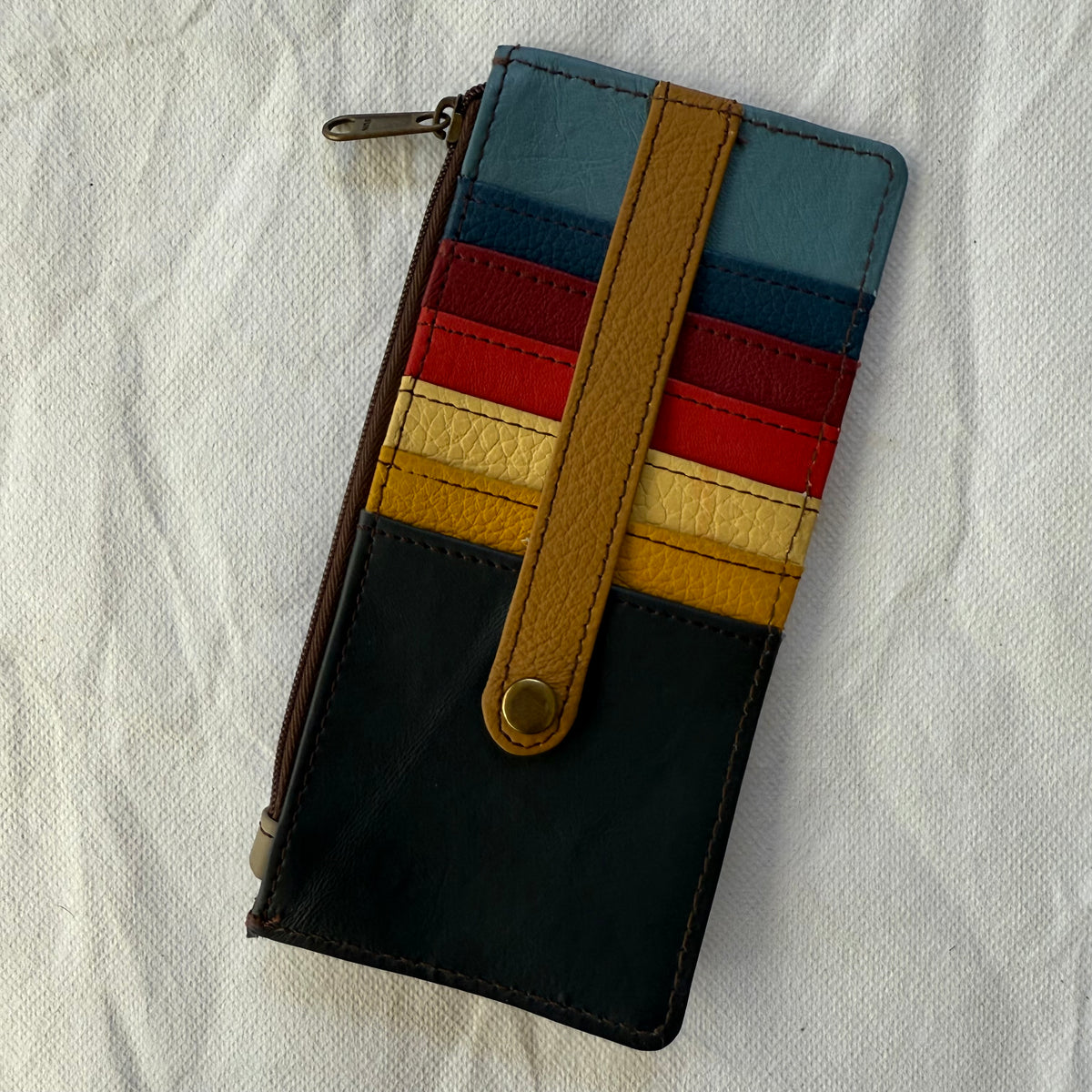 other side of flat wallet with colorful card slots and a zip pocket along the side