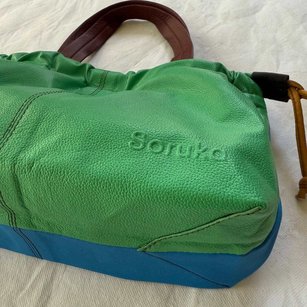 bottom view of green and blue handbag