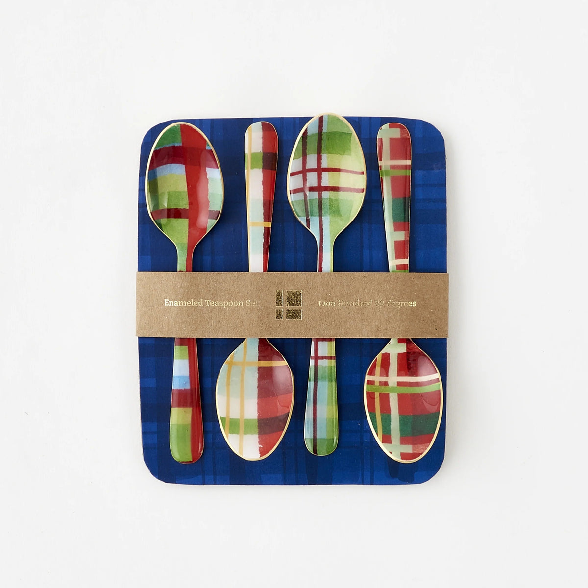 4 assorted plaid enameled spoons on a blue card packaging