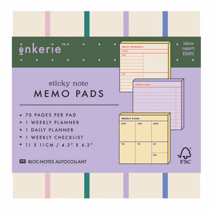 Inkerie sticky note memo pads packaging with notepad designs on a purple background