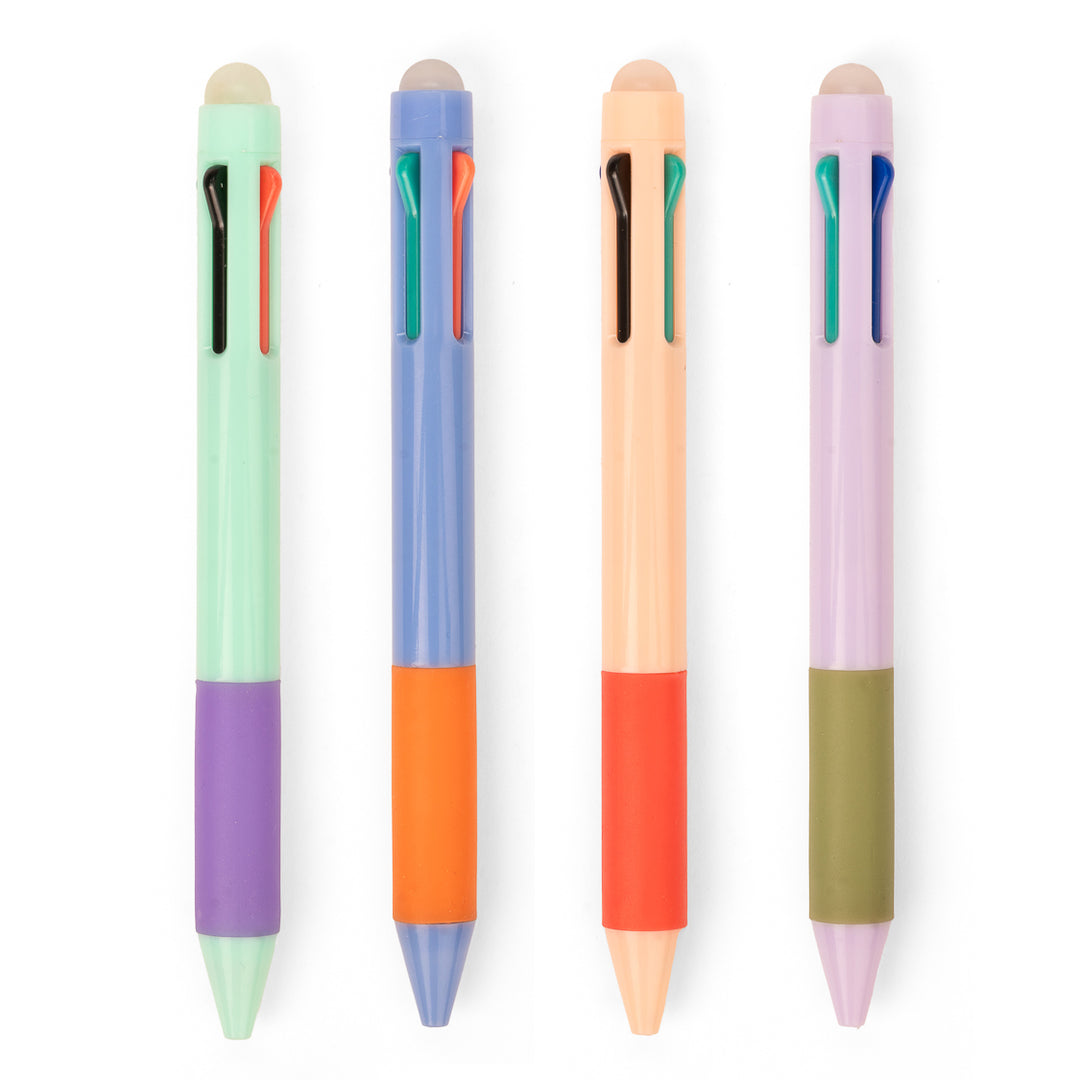 4 pens in assorted colors with switches to ush for writing in different colors