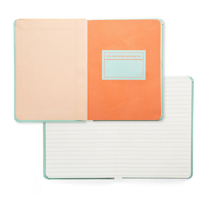 2 notebooks laying open one showing inside cover, the other showing lined interior pages