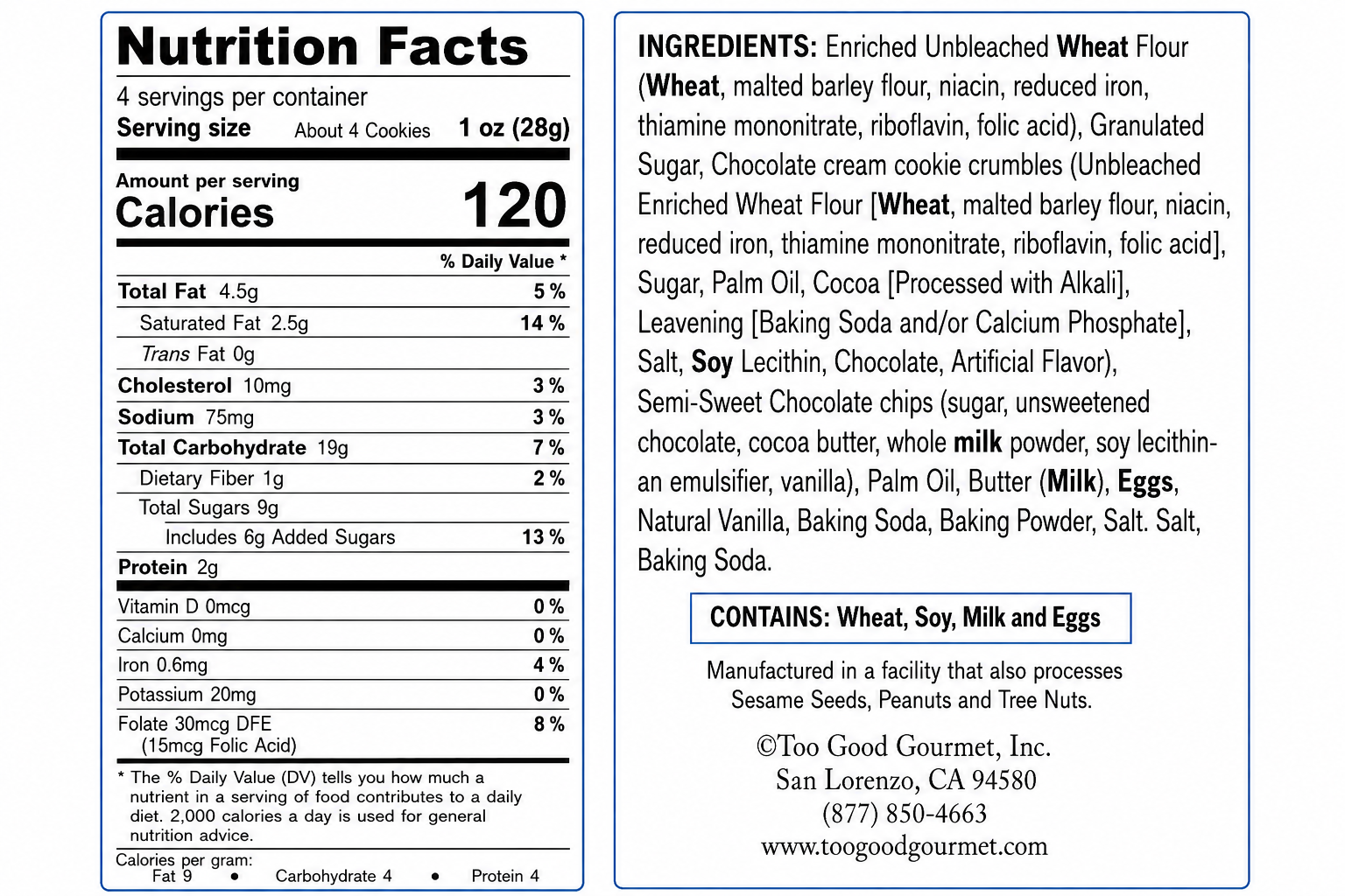 Ice Cream Shop Cookies & Cream Cookies Nutritional Facts & Ingredients List