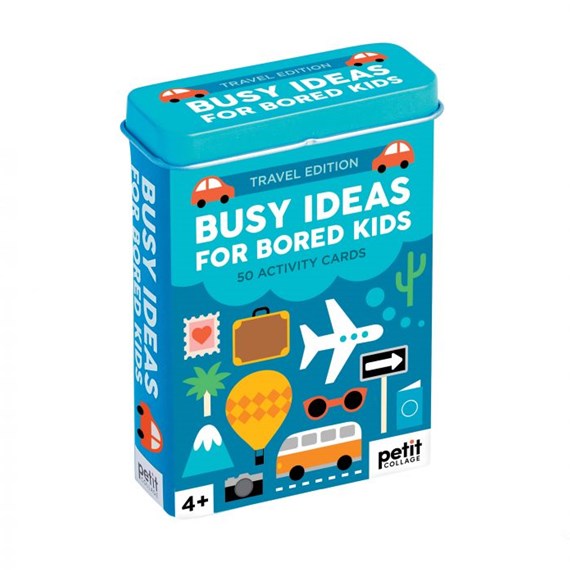 blue "busy ideas for bored kids" tin box on a white background.